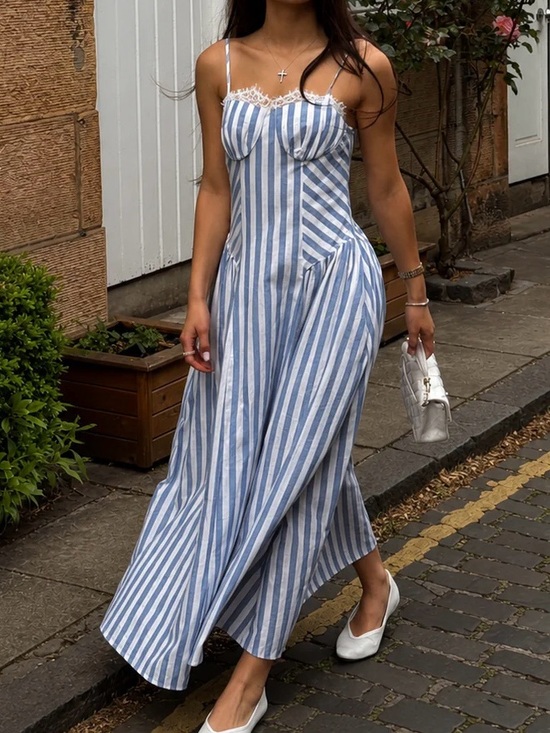 Commense Dresses & Skirts - Commense Light Blue White Striped Cotton Lace Cami Maxi Dress Large NWT